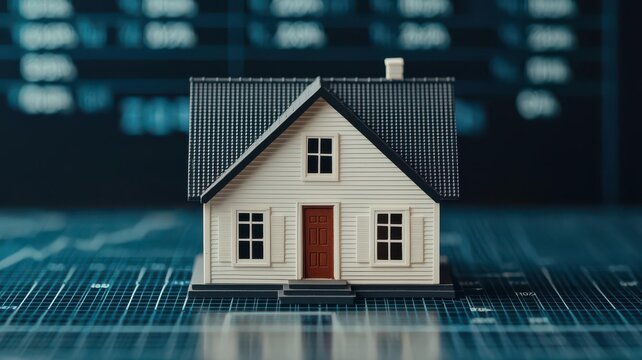 Artistic view of a miniature house model placed on a graph showing loan reduction over time through amortization, House model with loan amortization graph, Symbolic and organized