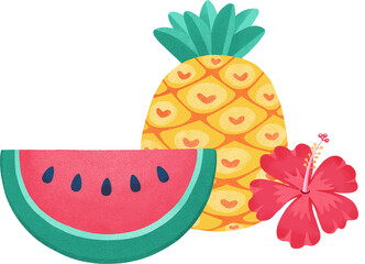 Hand-painted digital illustration of summer watermelon and pineapple.