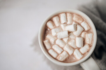 cup of hot cocoa with marshmallows, warm winter drink