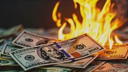 U.S. 100 bills burning, engulfed in flames. This powerful visual metaphor captures the essence of financial loss, wasteful spending, or economic issues, making it ideal for themes related to money man