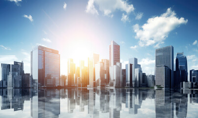 Sunrise Over Reflective Urban Skyline