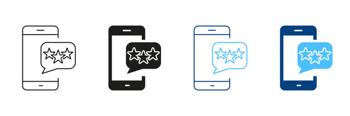 Feedback On Mobile Phone Line and Silhouette Icon Set. Social Media App Rating Pictogram. Stars On Smartphone With Speech Bubble Symbol. Editable Stroke. Isolated Vector Illustration