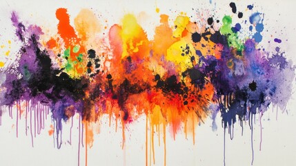 Fototapeta premium Abstract watercolor painting with vibrant colors and drips on white background.