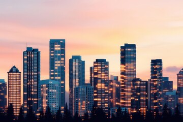 Artistic view of a city skyline with individual properties labeled as  Collateral