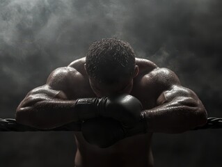The exhausted boxer leans back on the ropes, the quiet crowd fills the dim arena
