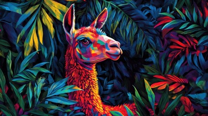 Naklejka premium Colorful Llama Surrounded by Vibrant Jungle Foliage