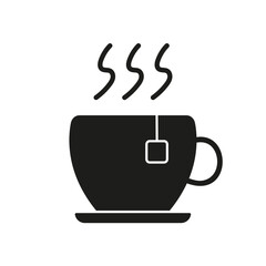 Teacup with Steam and Teabag Silhouette Icon. Hot Beverage with Saucer Glyph Symbol. Isolated Vector Illustration