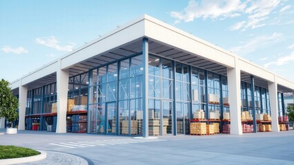 Modern Industrial Warehouse with Large Glass Windows and Pallets, Perfect for Business and Logistics