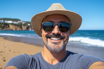 A realistic beach selfie with the person in sunglasses and a wide-brimmed hat, enjoying a sunny vacation day