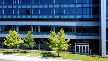 Modern Office Building with Blue Glass Windows and Green Trees in Front, Perfect for Business and Corporate Marketing