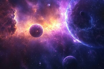 Obraz premium A vibrant cosmic landscape featuring a cluster of planets and nebulae bathed in hues of purple, pink, and orange.