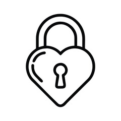 Heart-Shaped Padlock Outline Icon, Black and white outline of a heart-shaped padlock symbolizing love, security, and commitment, ideal for Valentine's designs and romantic themes.
