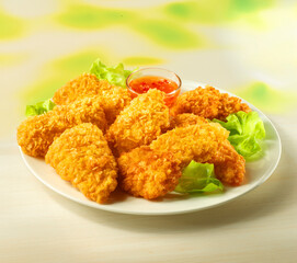 Hähnchensnacks, Nuggets, salat, süsssaurer Dip, tellergericht, Geflügel, 
