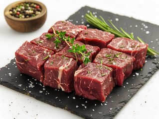 Obraz premium Fresh Raw Beef Cubes on Slate Board with Herbs