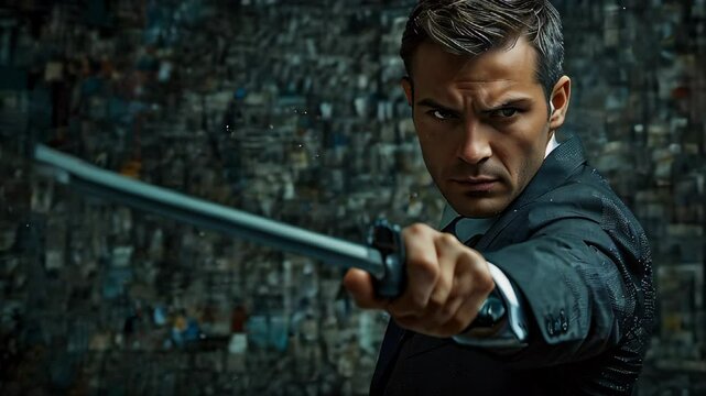 A successful businessman with a rapier in his hands.