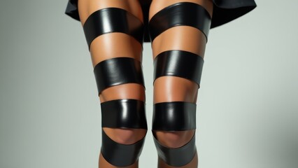 Minimalistic leg art using black tape, emphasizing contours and adding a stylish edge to fashion portraits. Ideal for creative shoots