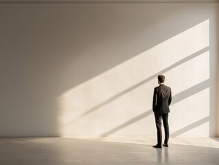 Obraz premium The businessperson stands alone. Hands in pockets. Dim light flows through the window