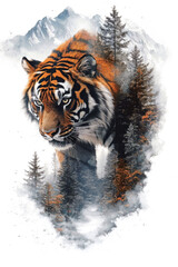 Obraz premium A majestic tiger prowls through a misty forest, surrounded by towering trees and distant mountains at dusk. Generative AI