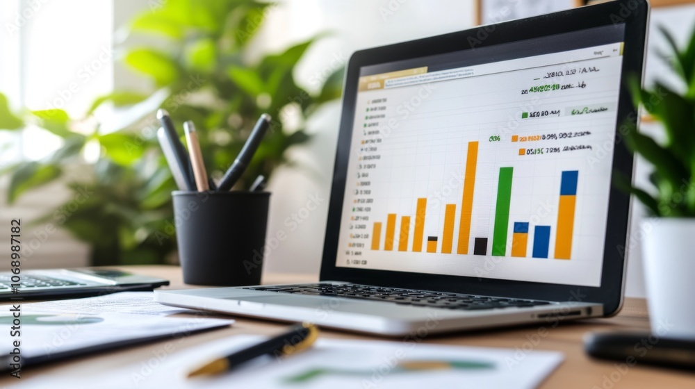 Aufkleber Modern Workspace with Data Visualization on Laptop