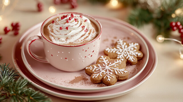 A cozy holiday table with gingerbread cookies, steaming hot cocoa, and festive decorations against a warm pastel background. Whimsical and inviting, perfect for Christmas scenes.