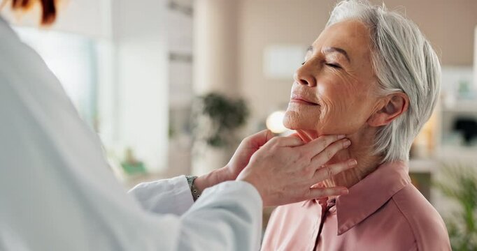 Throat, senior woman and doctor in healthcare for examination, consultation and check for lymph nodes. Hospital, elderly patient and hands of otolaryngologist for thyroid health, pain and infection