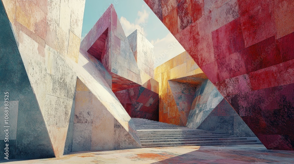 Aufkleber abstract geometric background with colorful walls and a stairway in a modern, futuristic city.