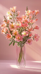 Naklejka premium A bouquet of pink and peach flowers arranged against a soft pastel wall. Simple, elegant, and eye-catching, perfect for romantic or floral-themed designs.