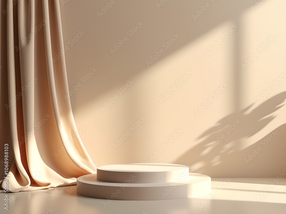 Poster a neutral, minimalist display featuring draped fabric and a circular platform.