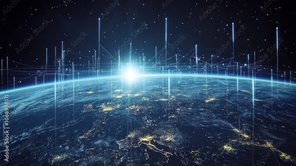 Poster global network connection above earth at dawn