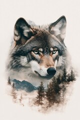 Obraz premium A majestic wolf stands against a misty mountainous landscape, blending nature with its powerful presence during dawn. Generative AI