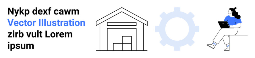 Warehouse with boxes, blue gear, person with laptop, black text, and blue highlight. Ideal for technology, logistics, work environments, automation, e-commerce, digital tools, remote work. Landing