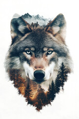 Fototapeta premium A stunning double exposure of a wolf's face with trees and mountains, celebrating nature's beauty and wildlife. GenerativeAI
