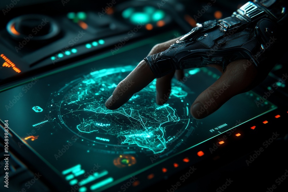 Poster High-tech travel simulation interface with holographic maps and neon destination points, set in a cyberpunk world