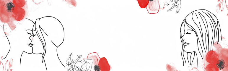 Minimalist Line Art of Women Profiles with Red Floral Accents on White Background