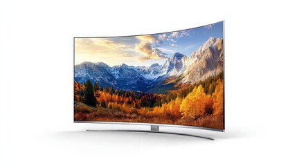Fototapeta premium Curved 4K television with silver metallic base, angled slightly on white background; curved screen adds dimension and high-tech look to minimalist setup.
