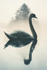 A serene swan gliding through misty waters at dawn near a tranquil forest landscape. Generative AI