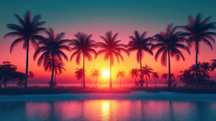 Palm trees are silhouetted against a sunset over a body of water, travel