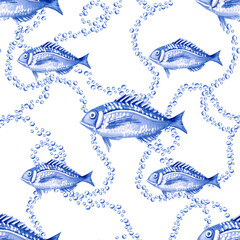 Obraz premium Seamless pattern with blue fish and air bubbles. Watercolor illustration on a marine theme for fabric design, decoration of holidays with a marine theme, printing of seafood restaurants