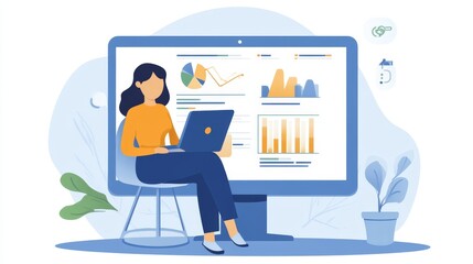 Woman Working on Laptop with Business Charts and Graphs on Computer Monitor