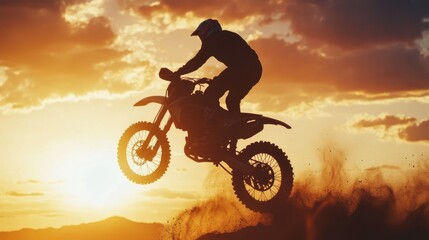 Rider Performing a Jump at Sunset with Dramatic Sky