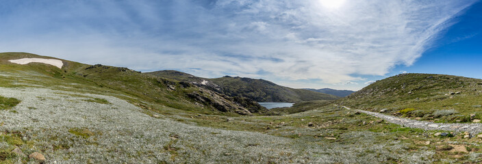 Panorama landscape of the Main Range Walk at Mount Kosciusko, showcasing serene waters and rugged...