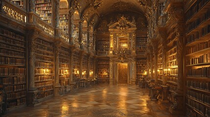 Fototapeta premium Explore the timeless beauty of an enchanting library filled with ancient knowledge and warmth