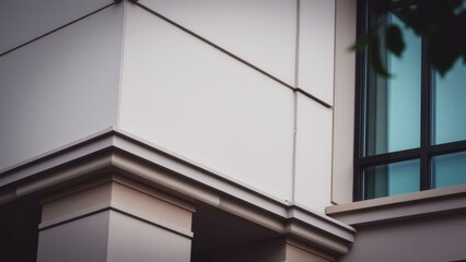 Fototapeta premium Modern White Building Corner with Clean Lines and Reflective Window, Perfect for Architectural Design Inspiration