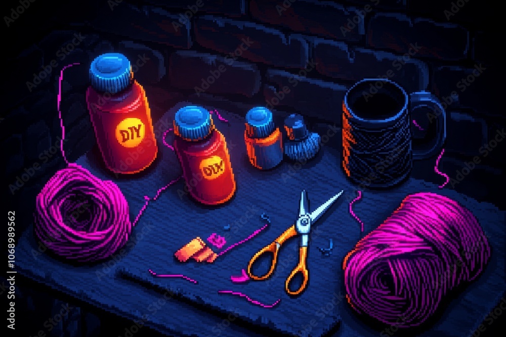Poster pixel art of a diy craft table with tiny scissors, yarn, and glue bottles, in retro pixel style