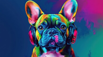 Colorful French Bulldog with Headphones