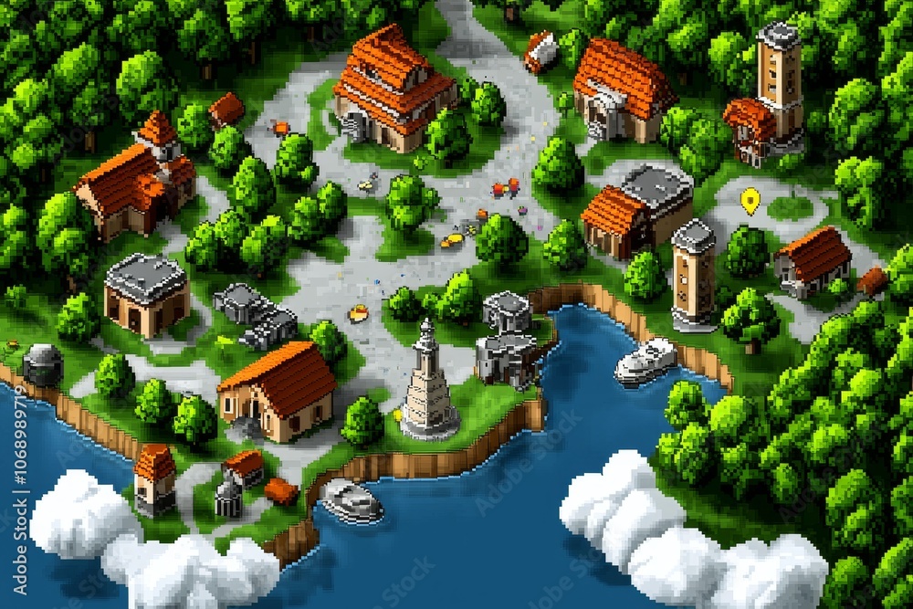 Poster pixel art travel simulation of a pixelated city map with small icons of landmarks, in retro gaming s