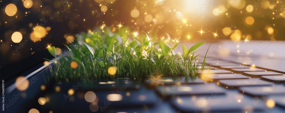 Poster Grass growing on computer keyboard with golden light, nature and technology concept