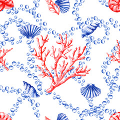 Seamless pattern with shells, corals and air bubbles. Watercolor illustration on a marine theme for fabric design, decoration of holidays with a marine theme, printing of seafood restaurants