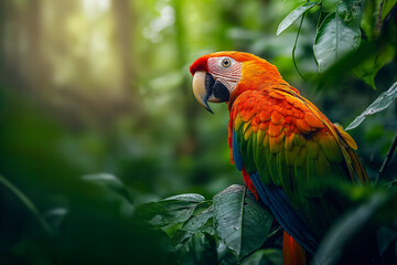 Fototapeta premium A colorful scarlet macaw perches amidst lush green foliage in a vibrant tropical rainforest.