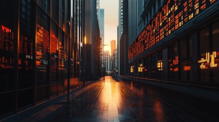 Fototapeta premium A city street with tall buildings and neon signs.